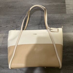 TUMI Q-Tote Cream and Tan Leather
